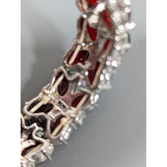Monet Red Rhinestone Tennis Bracelet 7" Stretch Silver Tone - Picture 4 of 8